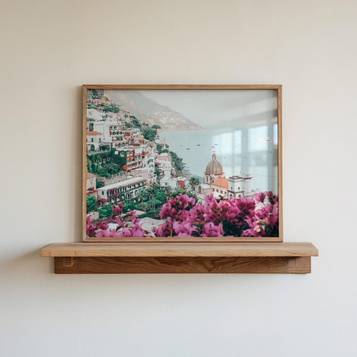 Positano Amalfi Coast Photography Poster with Pink Bougainvillea