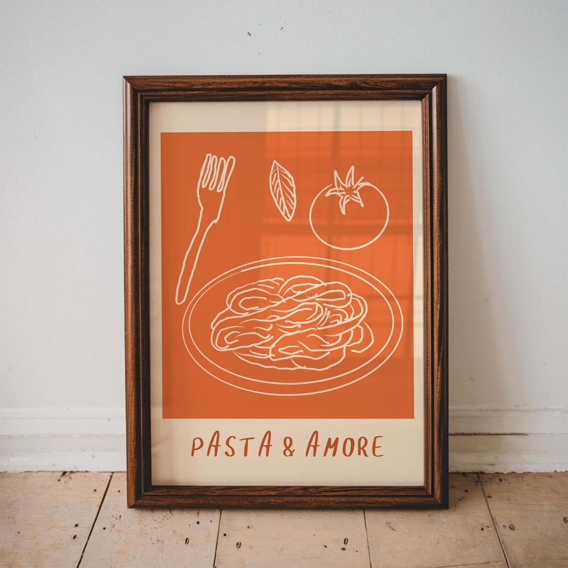 Pasta and Amore Italian Food Line Art Poster in Bold Orange Tones