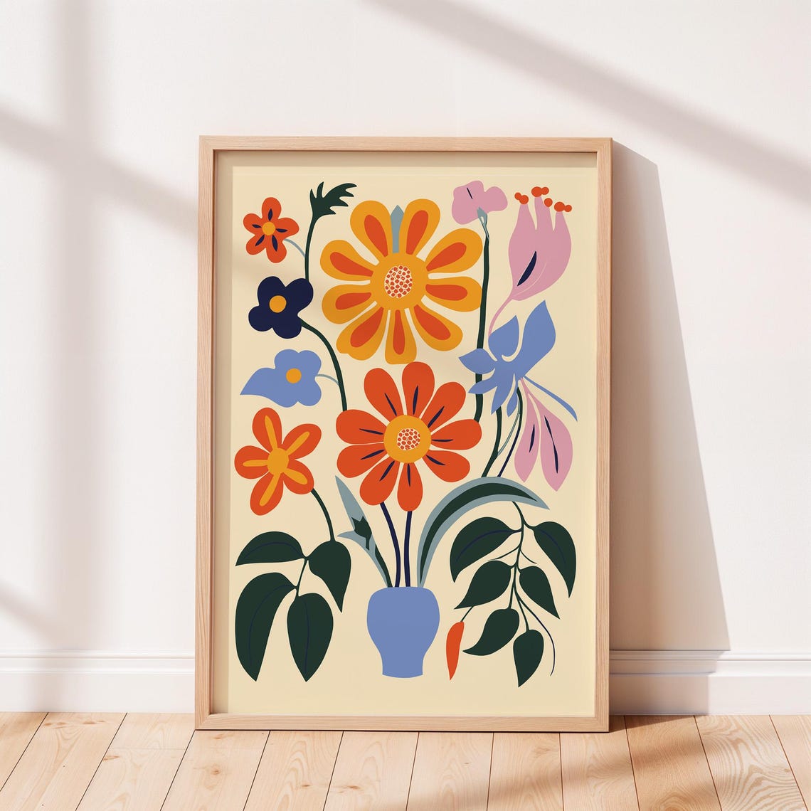 Folk Art Flower Bouquet Blue Vase Orange Yellow Retro Botanical Poster
