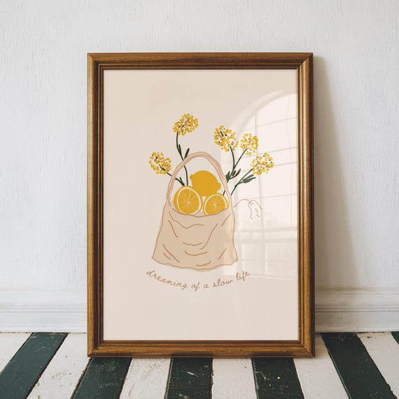 Dreaming Of A Slow Life Lemon Wall Art Print Positive Mornings Painting Minimalist Living Room