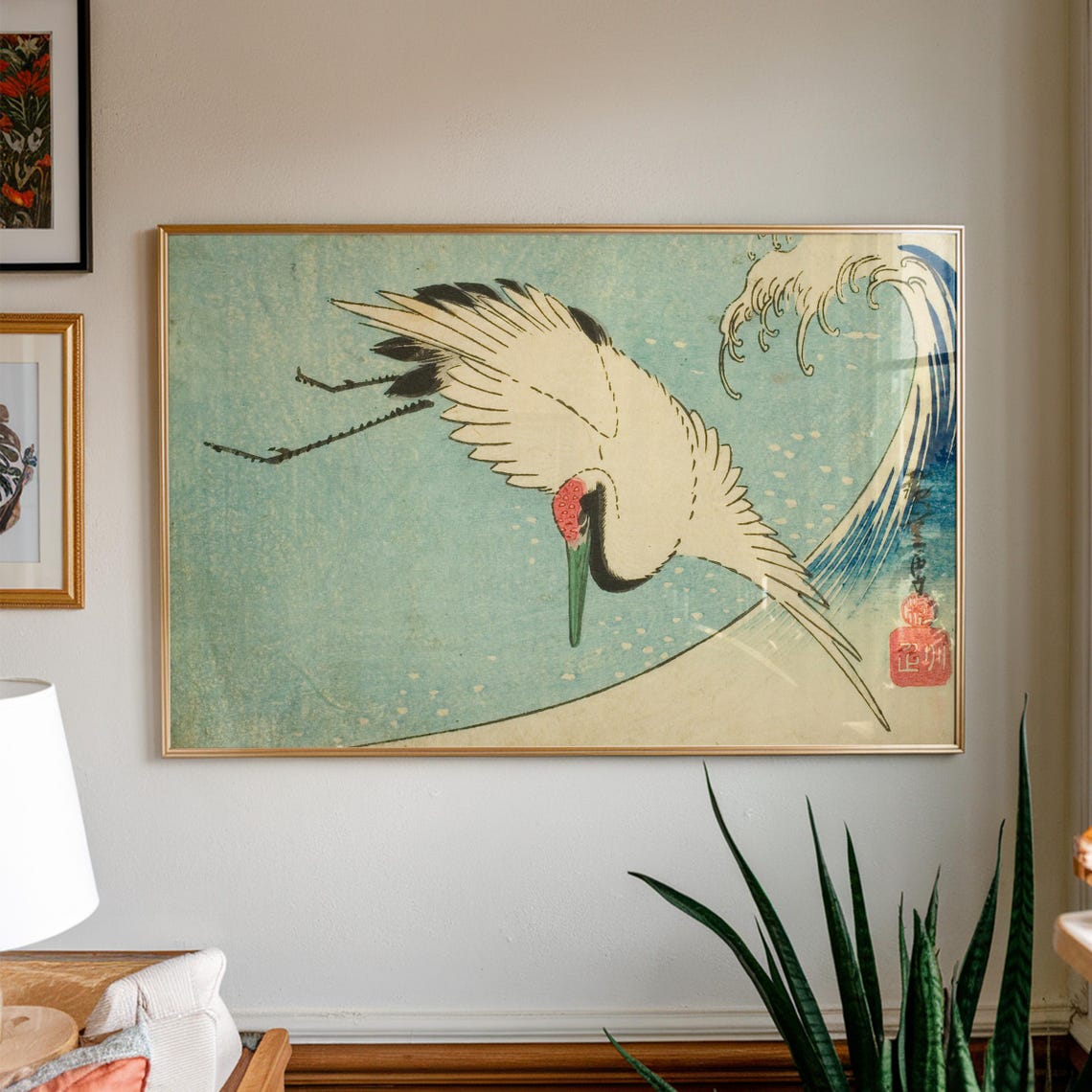 Red Crowned Crane Diving Over Wave Japanese Woodblock Art Poster