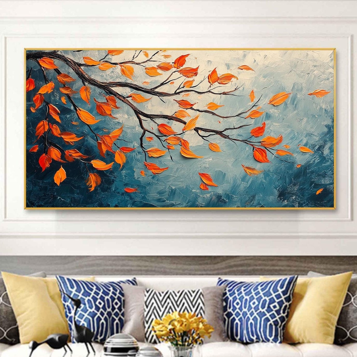 Stormy Autumn Branch with Red Orange Leaves on Teal Sky Wall Art