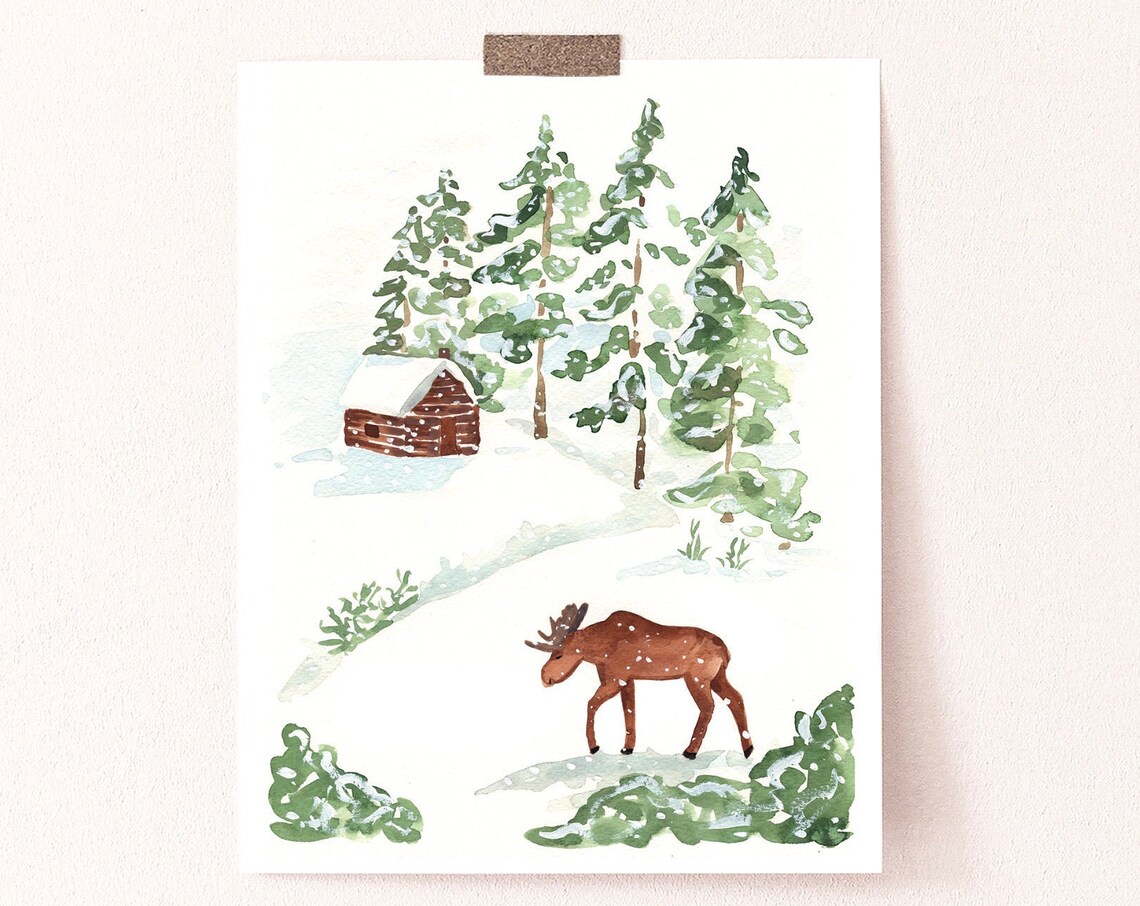 Winter Cottage Art Print, Canadian Moose Landscape - Image 4