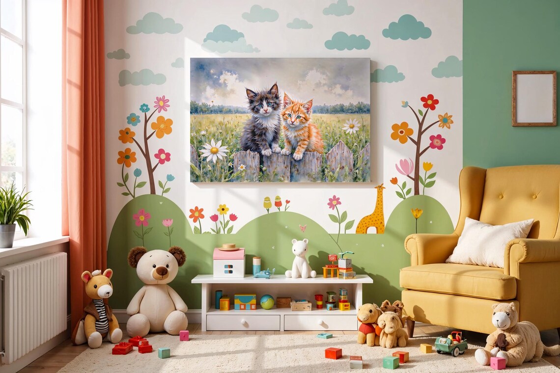 Two Cute Kittens on Rustic Fence Watercolor Daisy Field Poster - Image 4