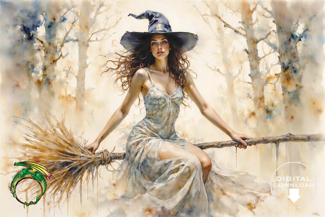 Witch Flying on Broomstick in Misty Forest Watercolor Poster