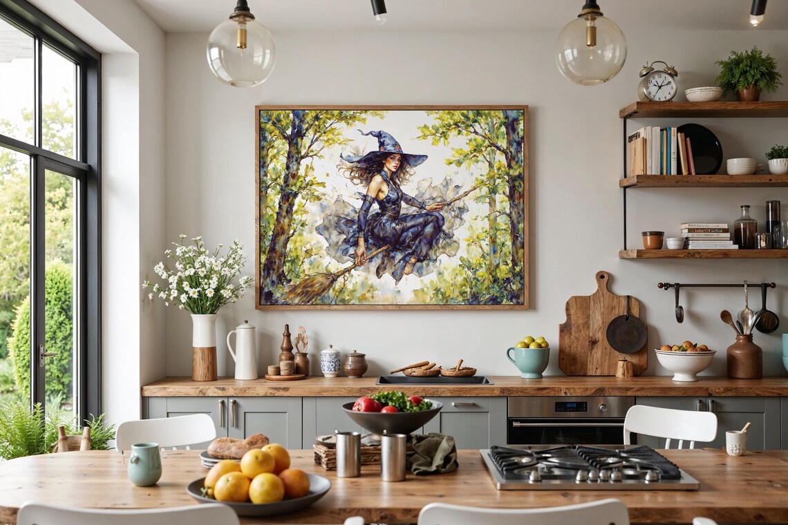 Witch Flying on Broomstick in Enchanted Green Forest Night Poster - Image 3