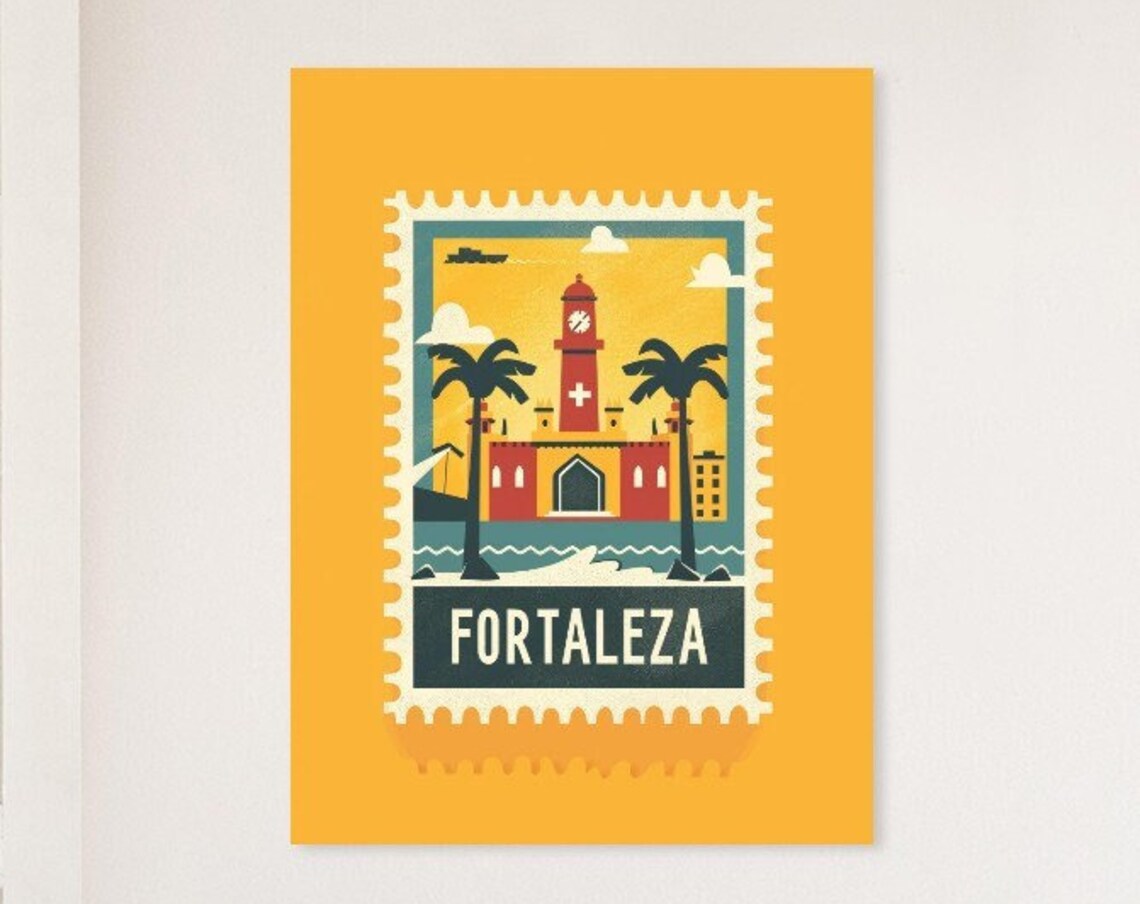 Fortaleza Brazil Church Palms Vintage Travel Stamp Style Poster