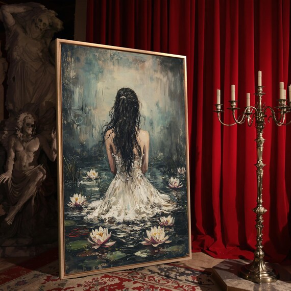 Woman In White Dress Standing In Misty Water Among Lilies Dark Art Poster