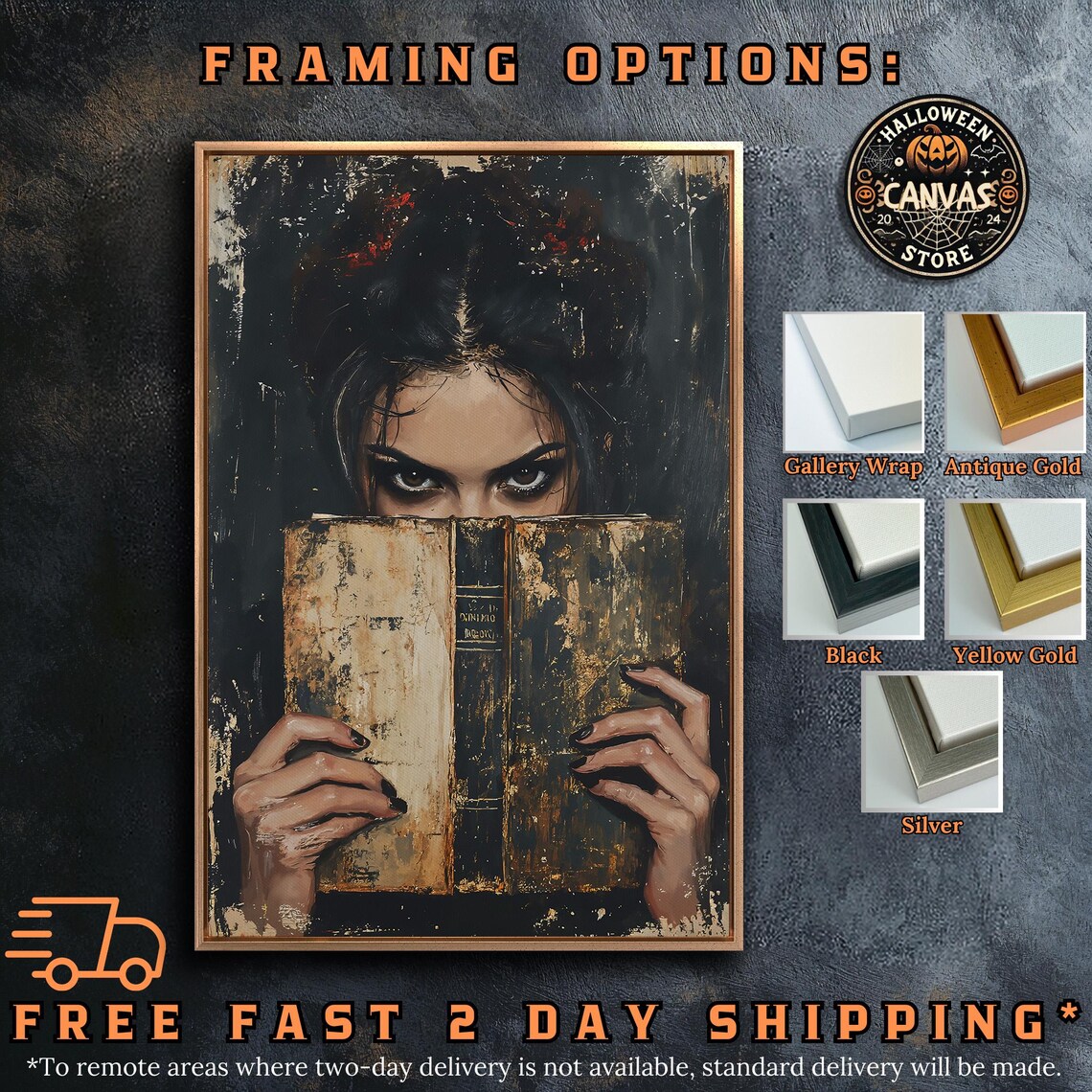 Mysterious Woman Peering Over Old Book Dark Eyes Gothic Reader Wall Art - Image 5