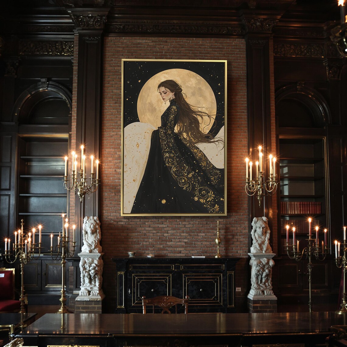 Woman Golden Full Moon Black Gown Flowing Hair Dark Celestial Romance Poster - Image 2