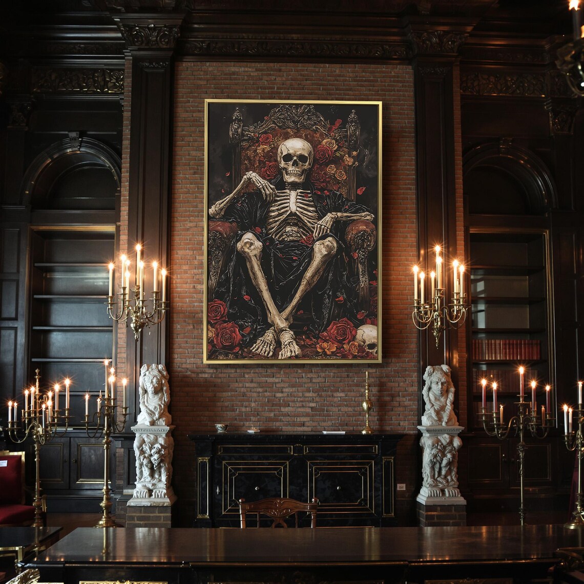 Skeleton King Reclining On Dark Carved Throne With Red Roses Gothic Poster - Image 2