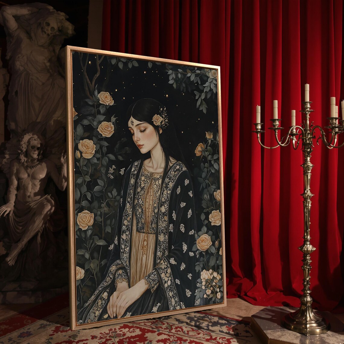 Woman Embroidered Black Robe Night Roses Starry Garden Dark Romance Wall Art - Image 4