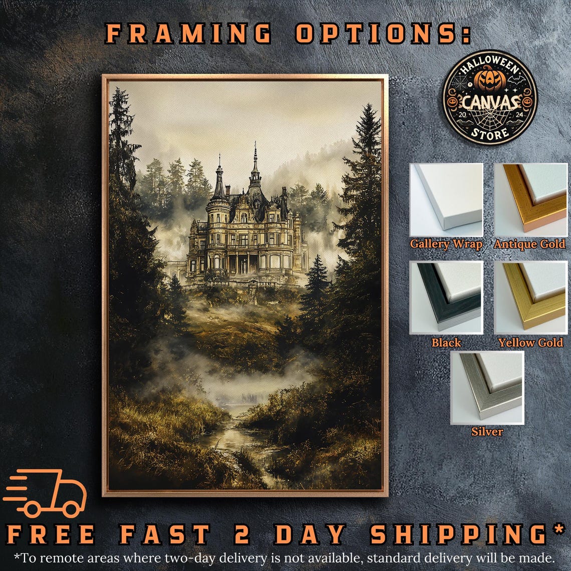 Mystical Chateau in Misty Pine Forest Golden Fog Painting Poster - Image 5