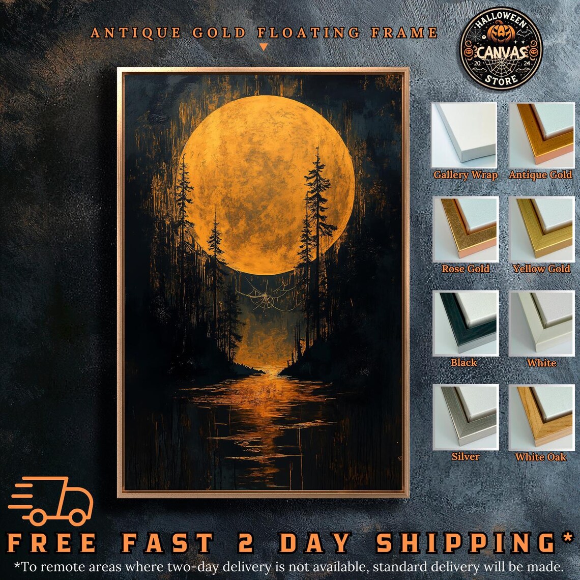 Harvest Moon Over Dark Forest River Orange Night Spooky Halloween Wall Poster - Image 2
