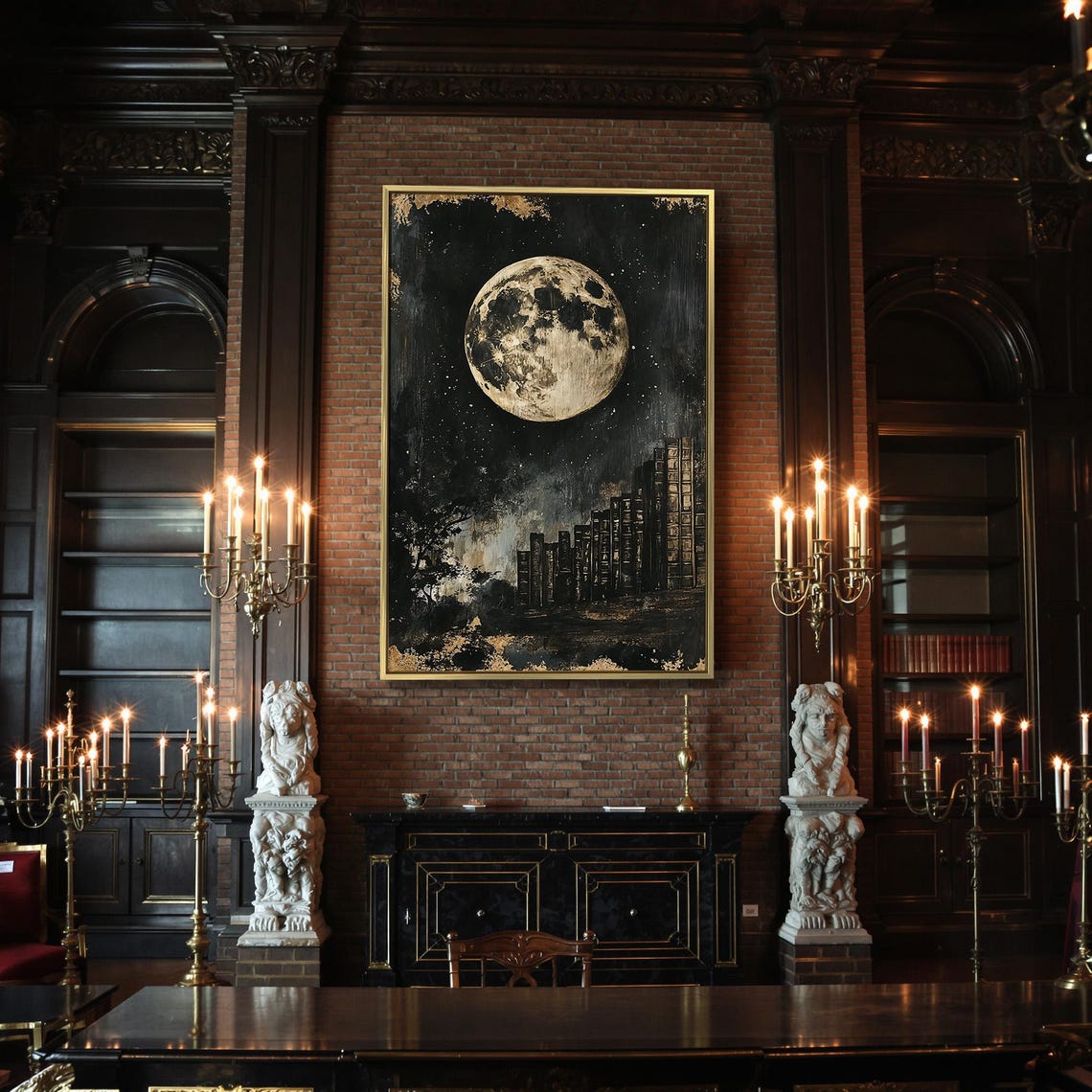 Full Moon Over Midnight Library Bookshelf Cityscape Night Poster - Image 2