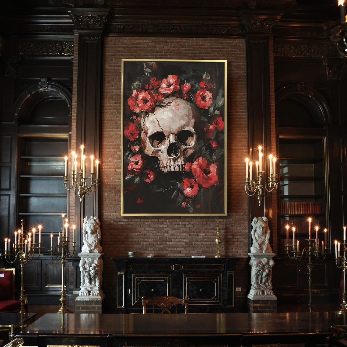 Floral Skull With Red Blossoms Painterly Dark Botanical Art Poster - Image 2