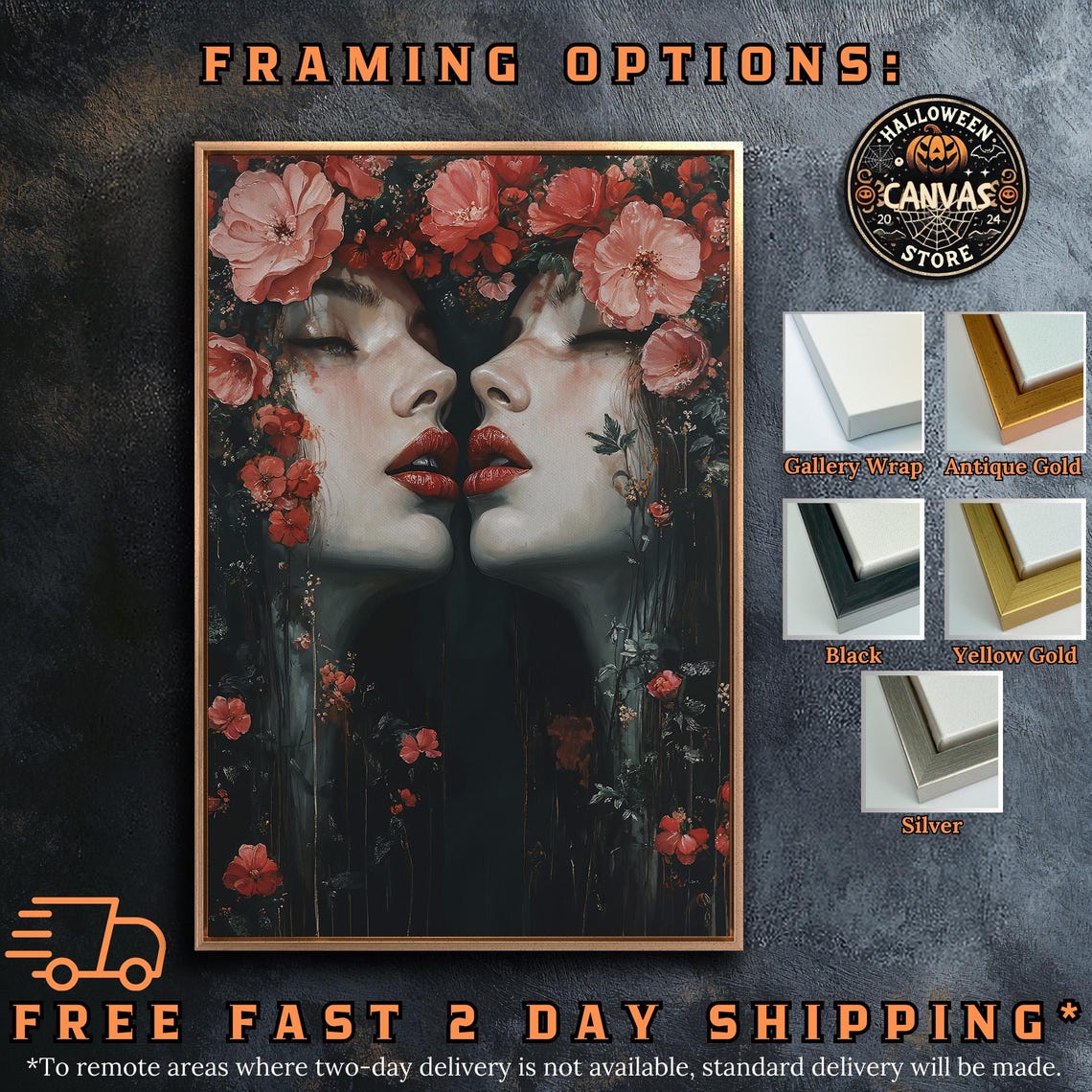 Mirrored Gothic Woman Faces With Red Lips And Pink Flowers Dark Poster - Image 4