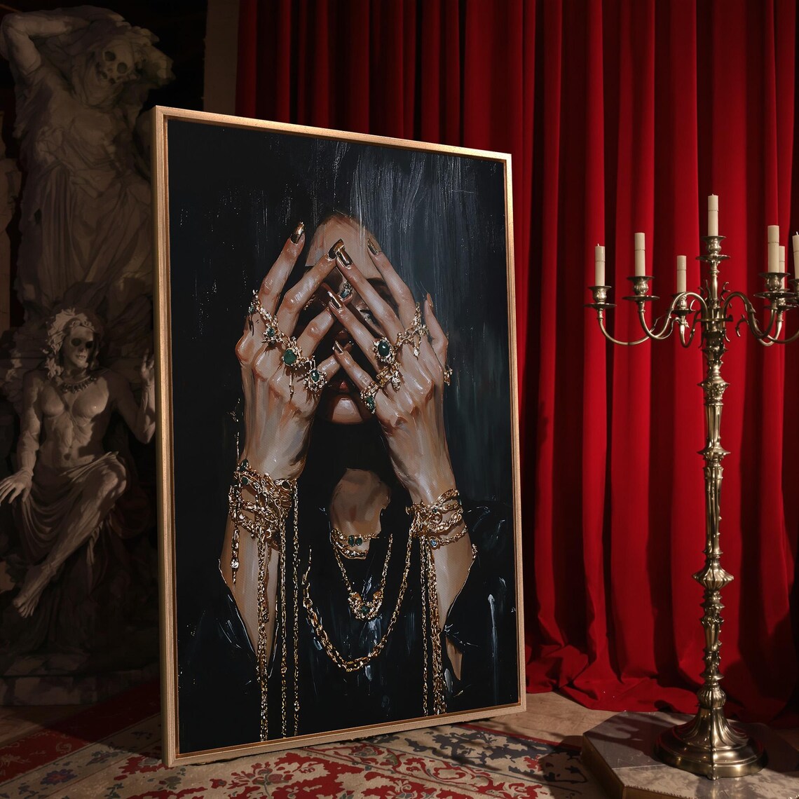Womans Hands Adorned With Gold Jewelry Covering Face Dark Oil Art Poster - Image 4