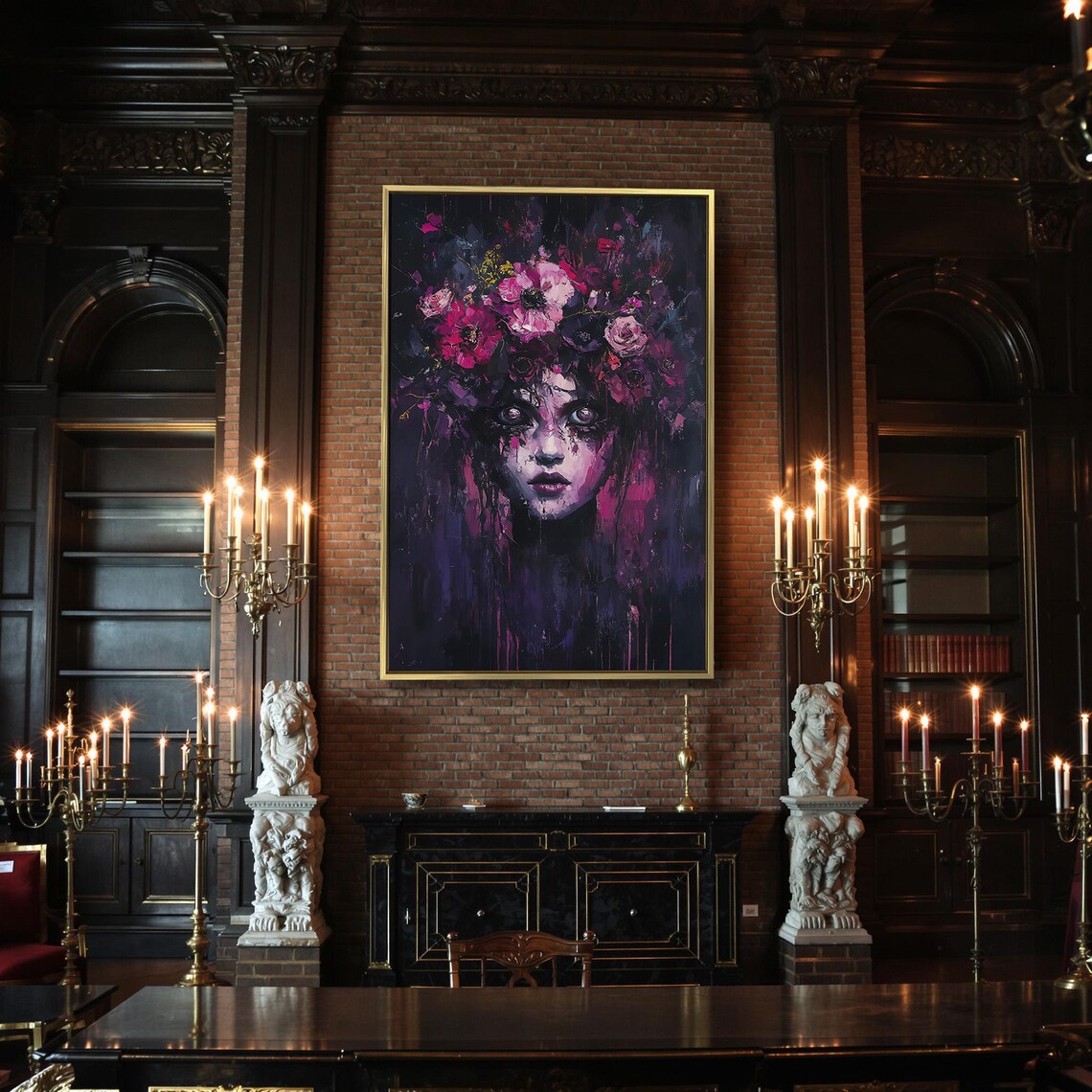Haunting Surreal Woman Pink Flowers Dark Purple Gothic Portrait Wall Art - Image 2