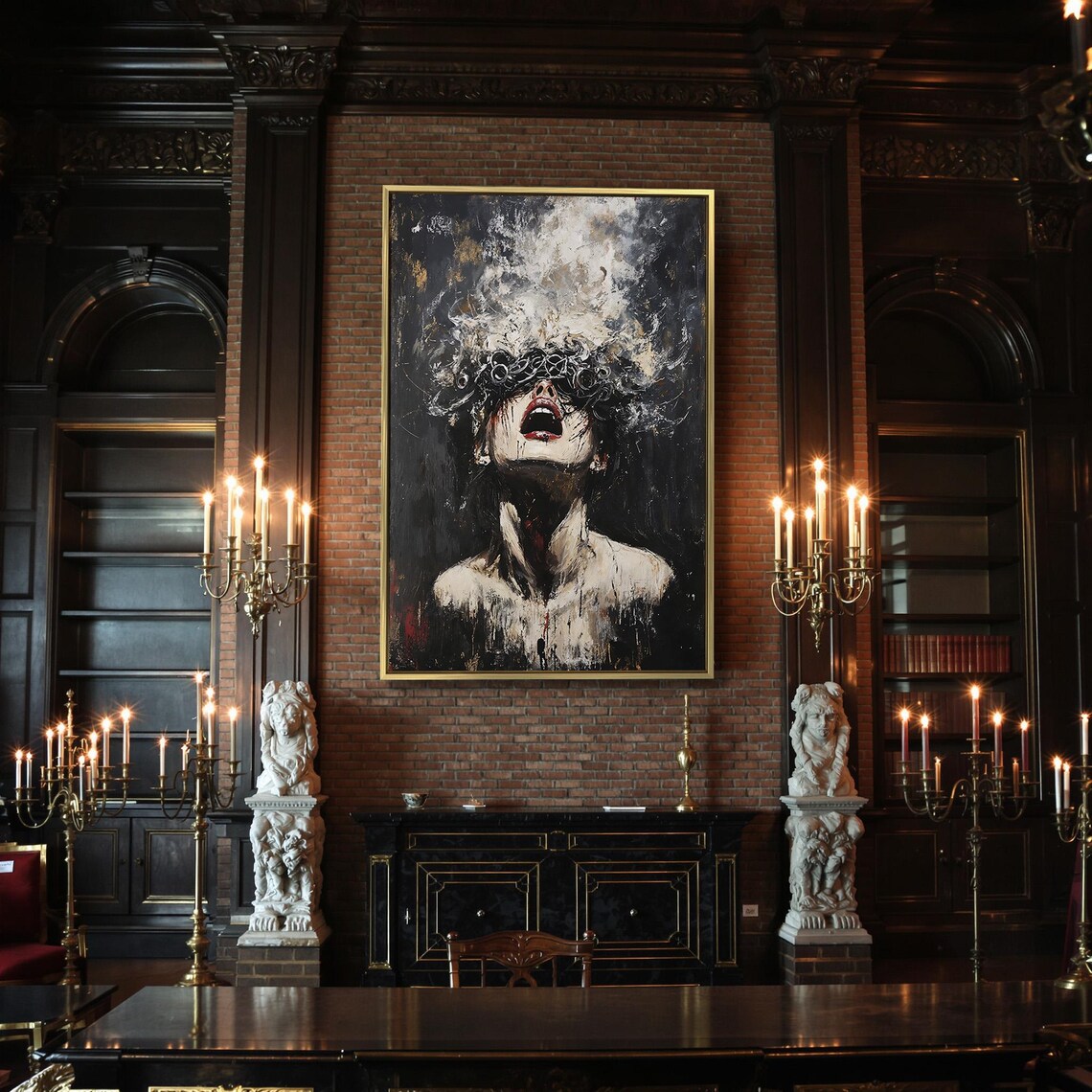 Screaming Woman With Dark Floral Crown White Splatter Chaotic Art Poster - Image 2