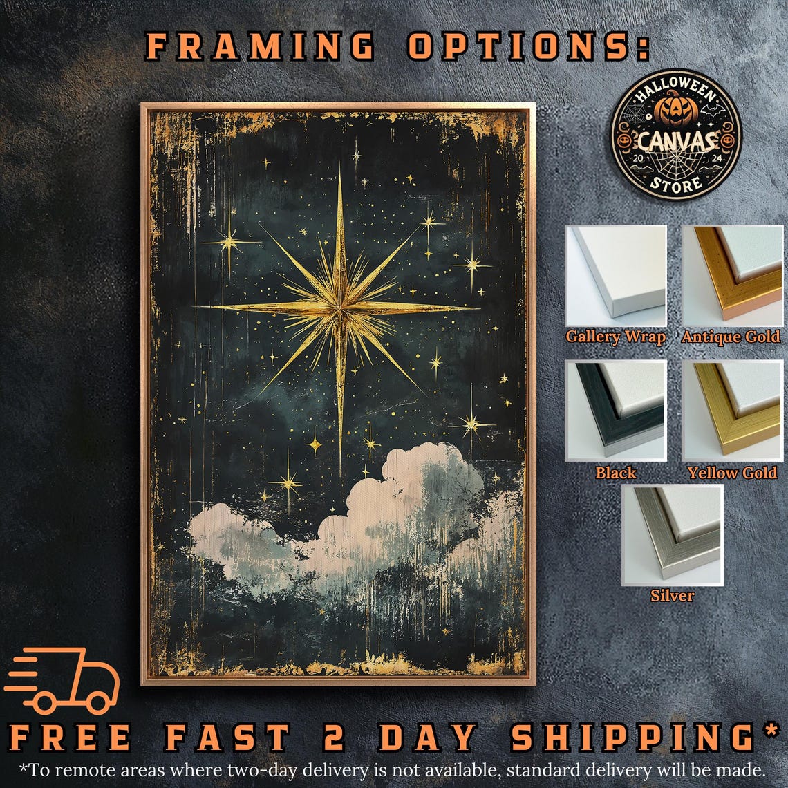 Starry Night Sky Framed Wall Art Large Gold Star And Clouds Painting Print Celestial Decor Dark Cottagecore Poster Ready To Hang - Image 5