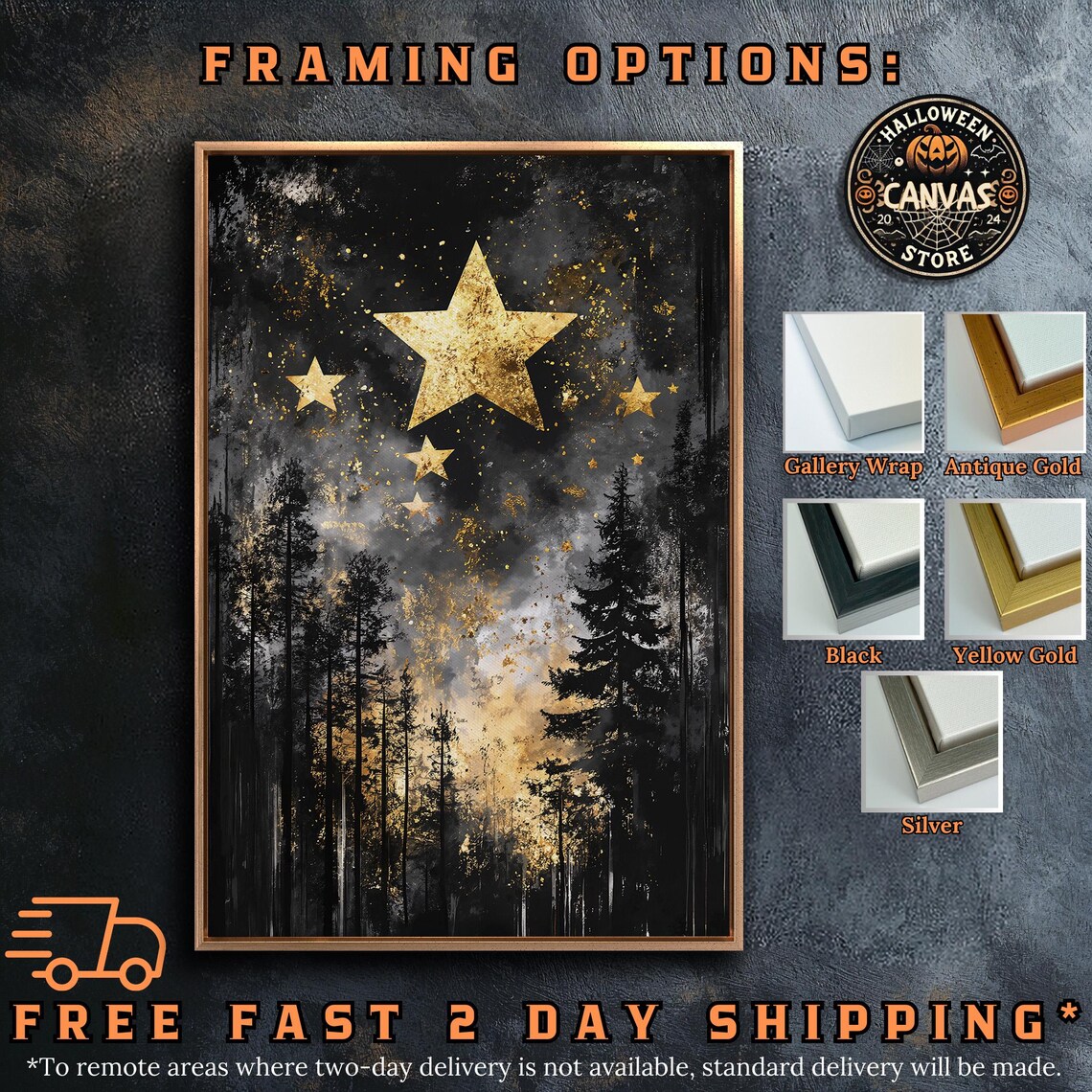 Golden Stars Above Dark Pine Forest Night Sky Painting Poster - Image 5