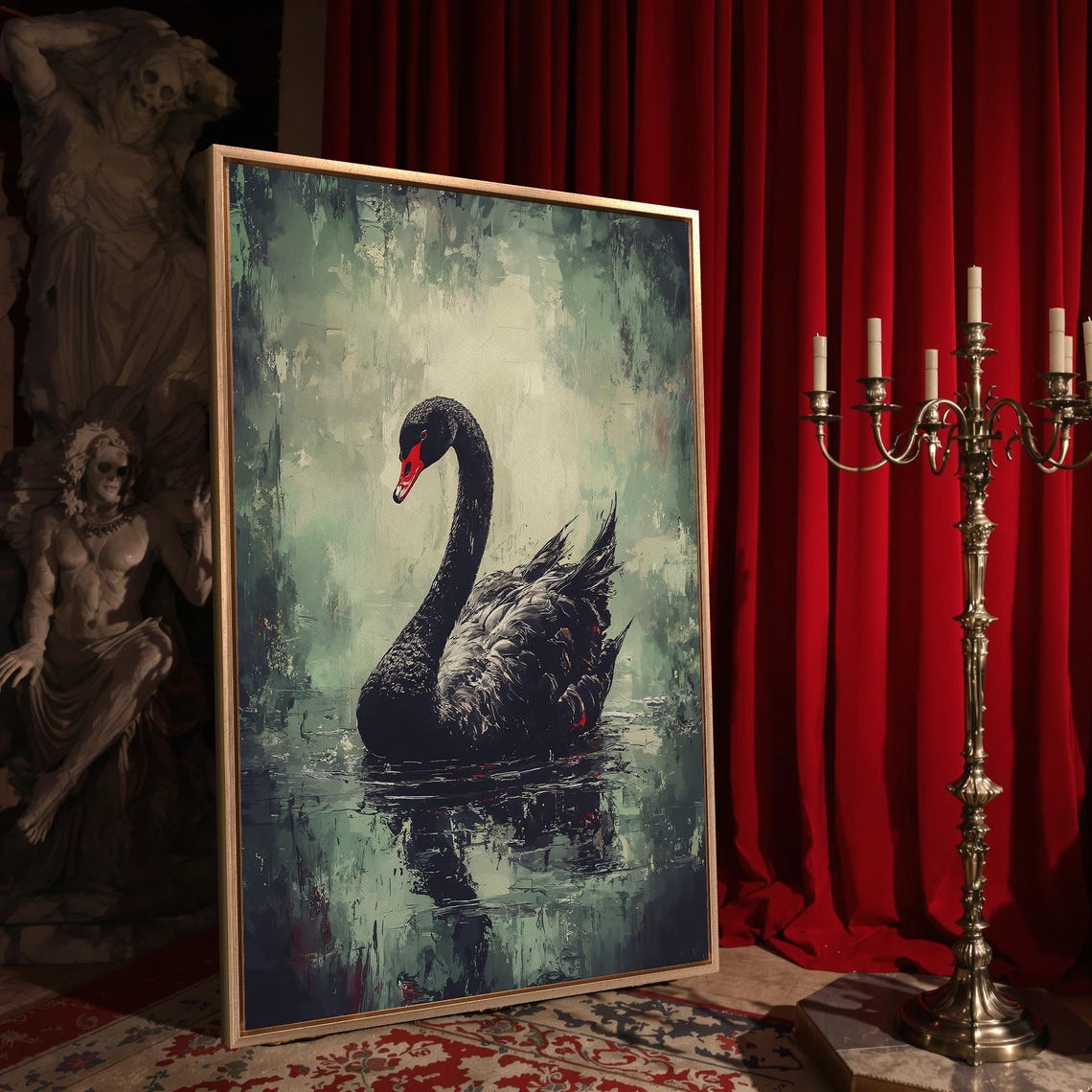 Black Swan Green Pond Red Beak Impressionist Wildlife Water Poster - Image 4