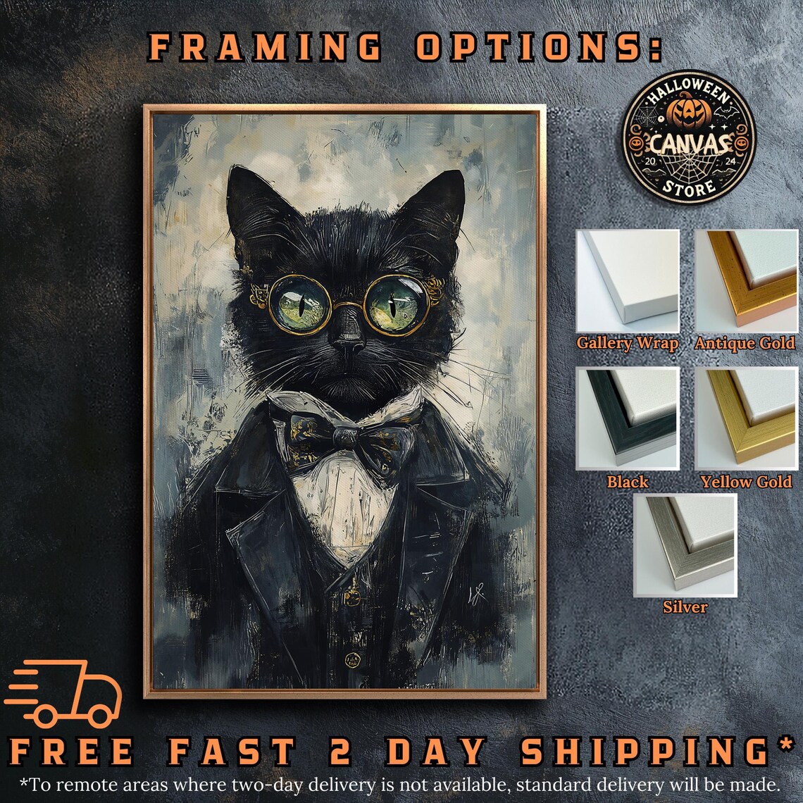 Black Cat In Suit And Bow Tie With Round Gold Glasses Whimsical Portrait Poster - Image 5