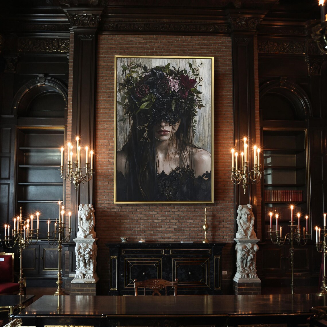 Dark Haired Girl With Black Floral Veil Mysterious Gothic Flower Poster - Image 2