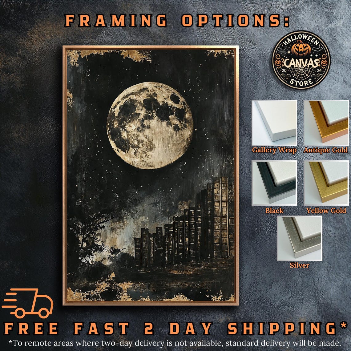 Full Moon Over Midnight Library Bookshelf Cityscape Night Poster - Image 5