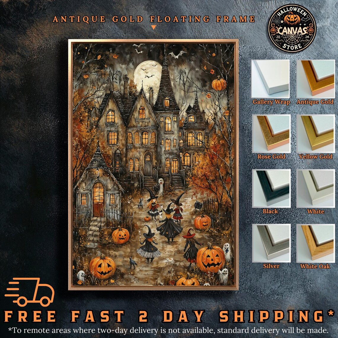 Haunted House Witches Pumpkins Full Moon Festive Halloween Night Wall Poster - Image 2