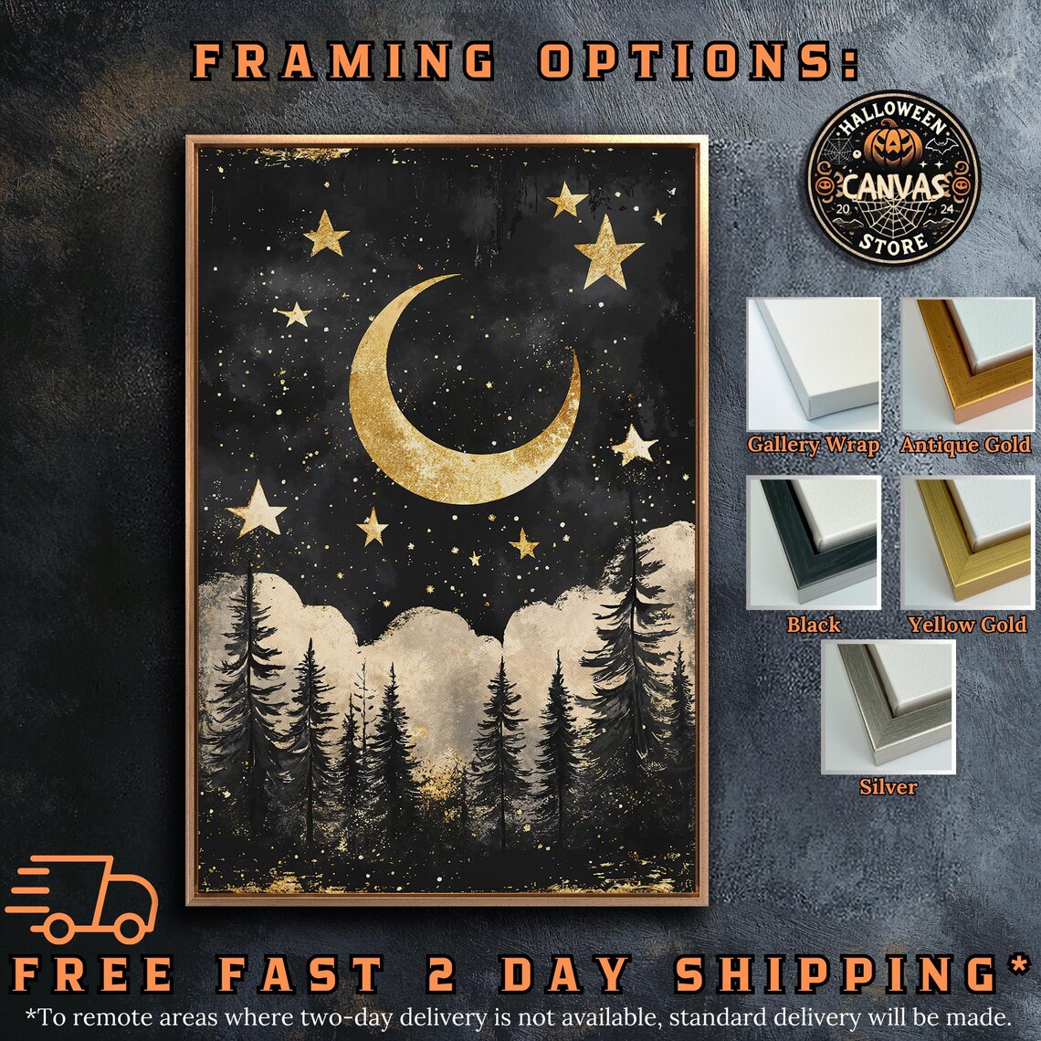 Gold Crescent Moon Stars Pine Forest Gothic Celestial Night Sky Wall Poster - Image 5