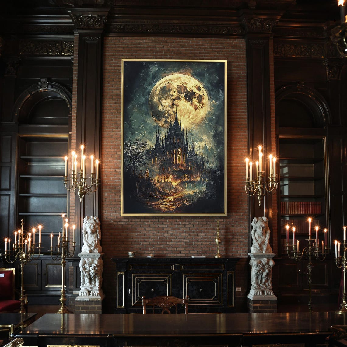 Dark Gothic Cathedral Beneath Giant Full Moon Night Sky Poster - Image 2