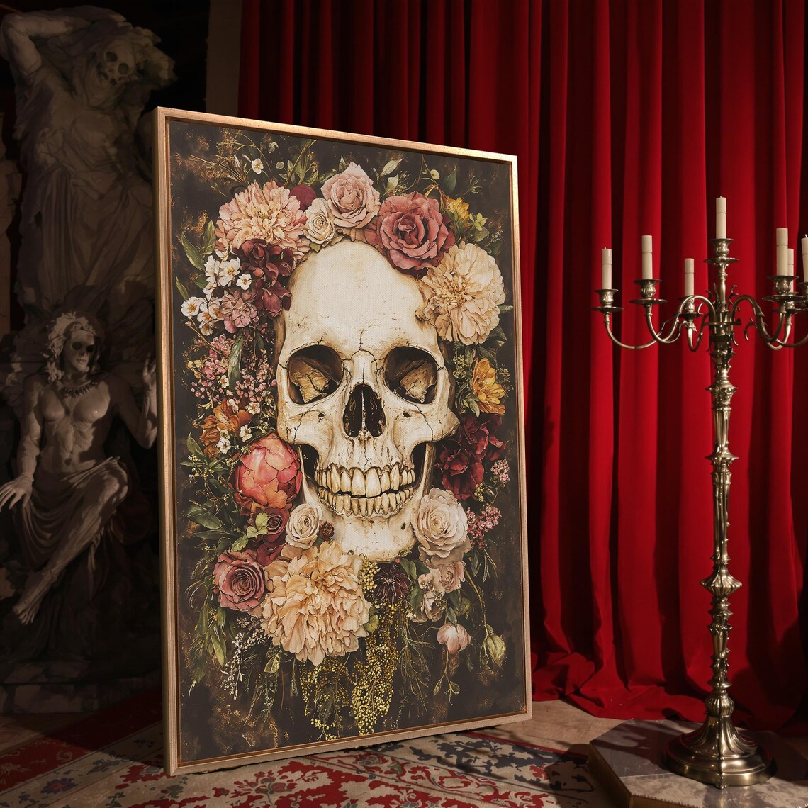 Floral Skull Still Life Blush Roses Dark Academia Gothic Botanical Wall Art - Image 4