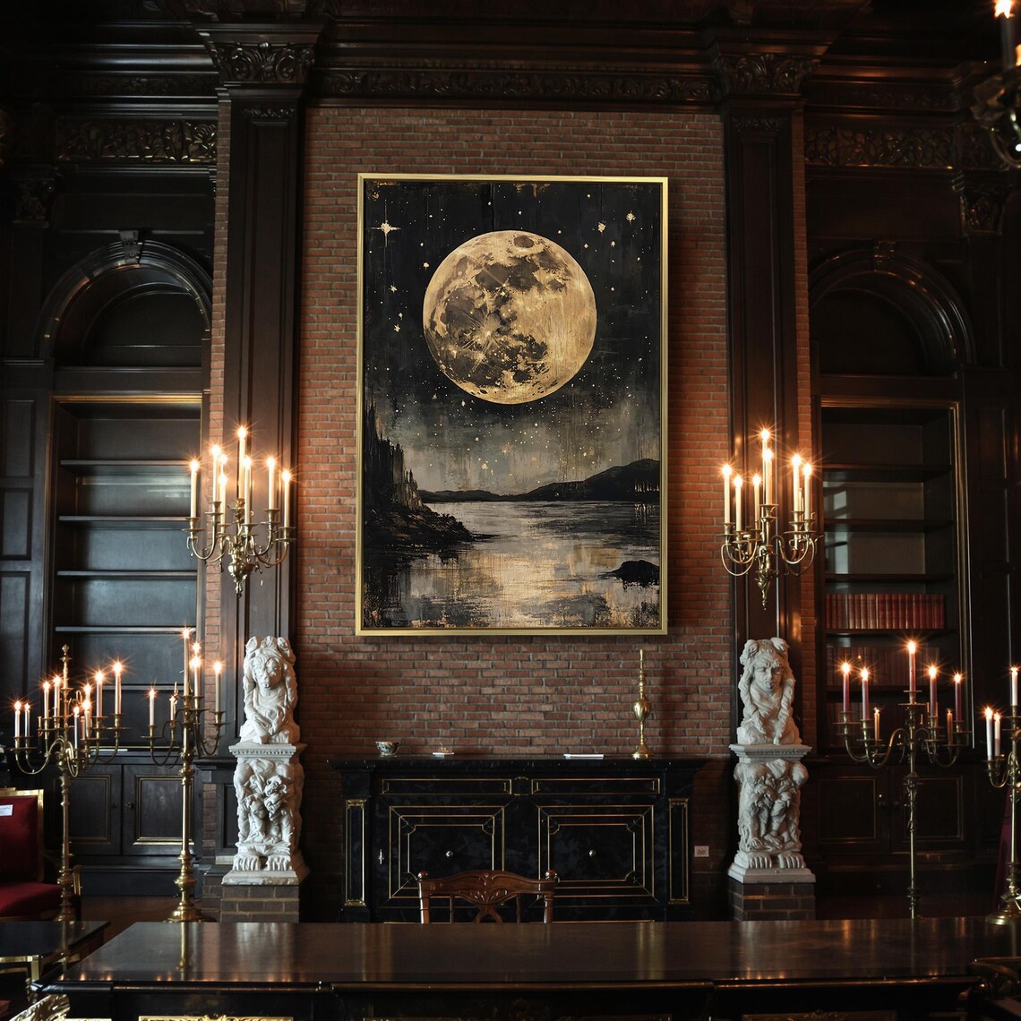 Golden Full Moon Over Moonlit Lake Mountains Surreal Night Sky Wall Poster - Image 2