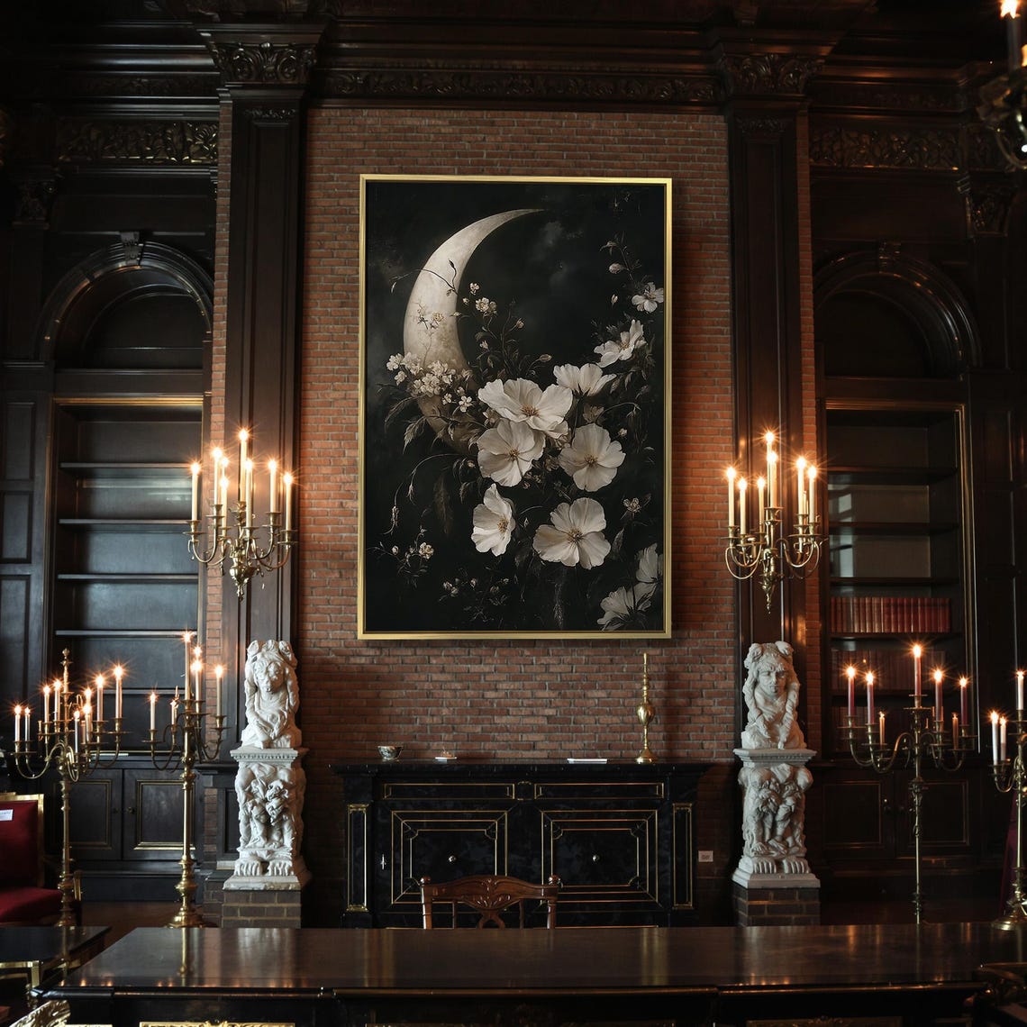 Crescent Moon White Wildflowers Dark Night Floral Gothic Poster - Image 2