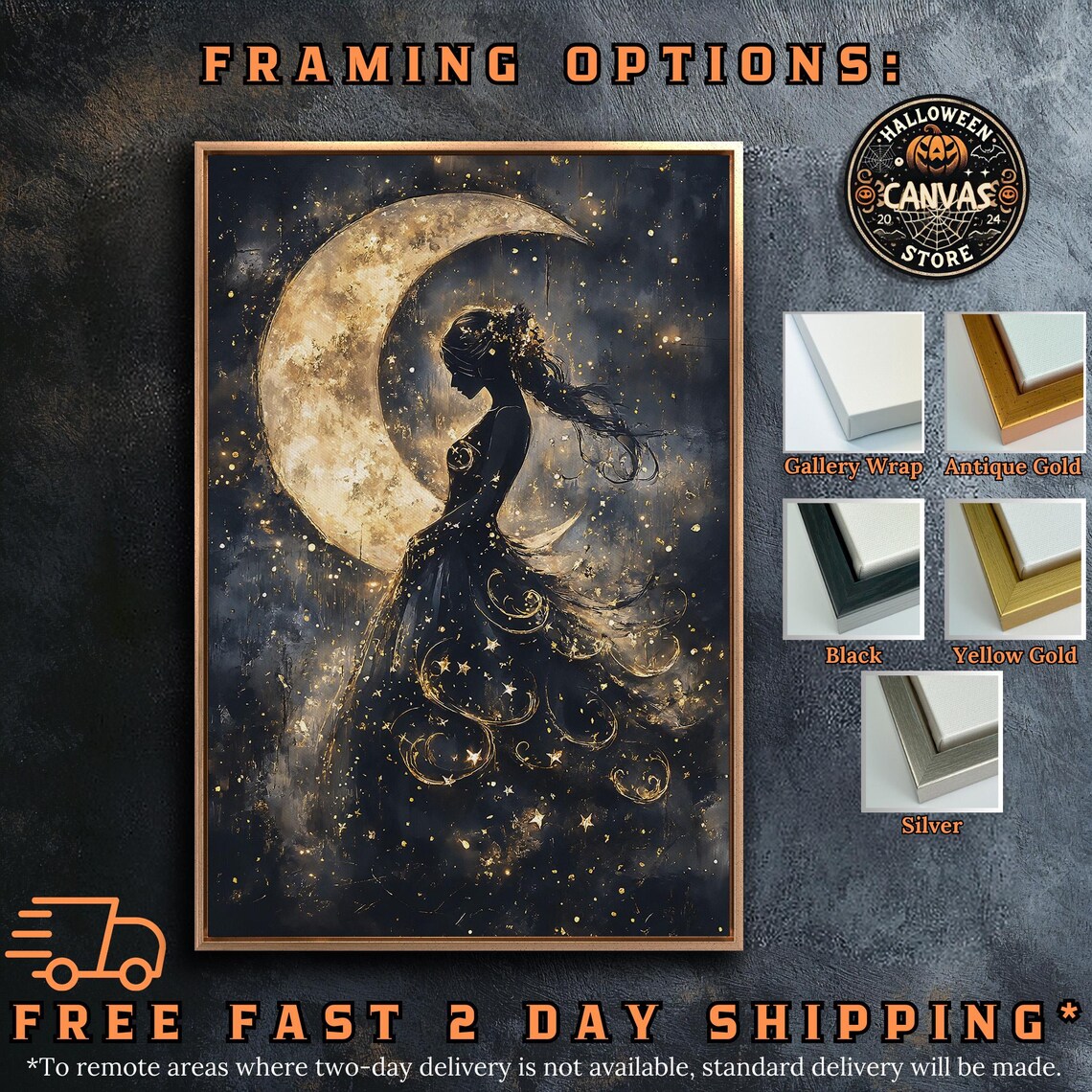 Ethereal Girl Silhouette With Crescent Moon Starry Gown Dark Fantasy Poster - Image 5