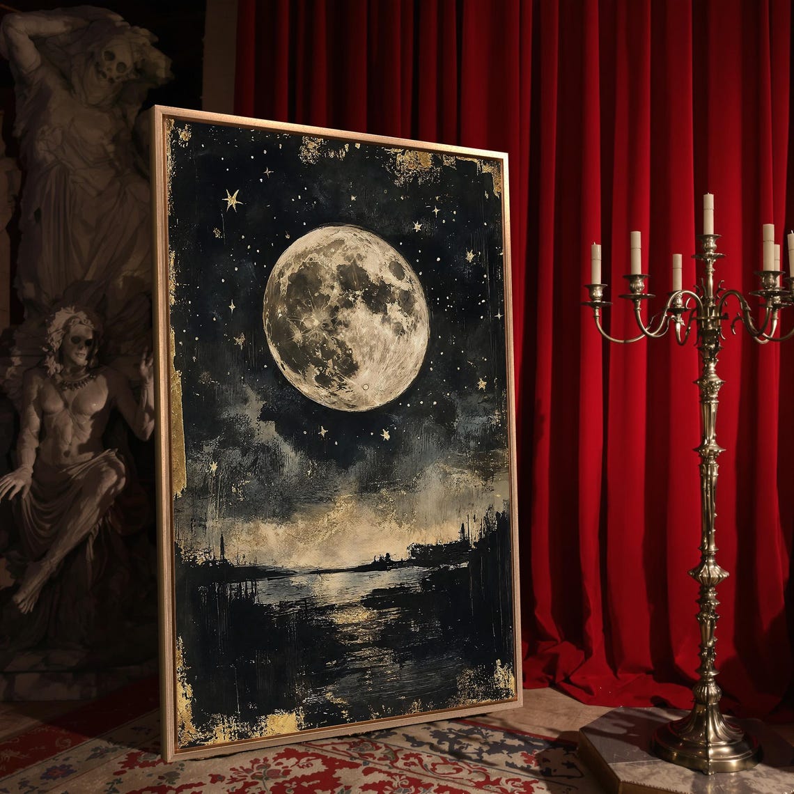 Full Moon Starry Night Sky Gold Stars Dark Night Landscape Poster - Image 4