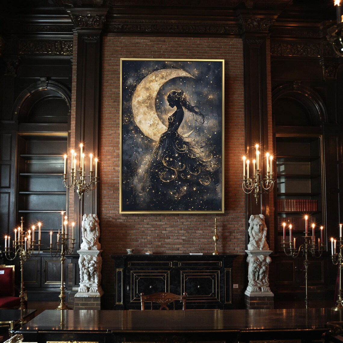Ethereal Girl Silhouette With Crescent Moon Starry Gown Dark Fantasy Poster - Image 2