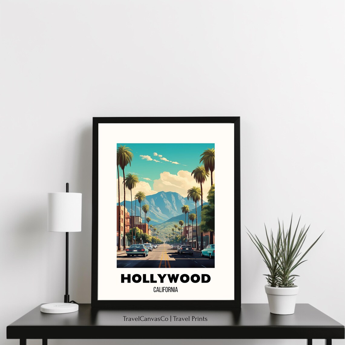 Hollywood California Palm-Lined Street Vintage Cars Travel Poster - Image 3