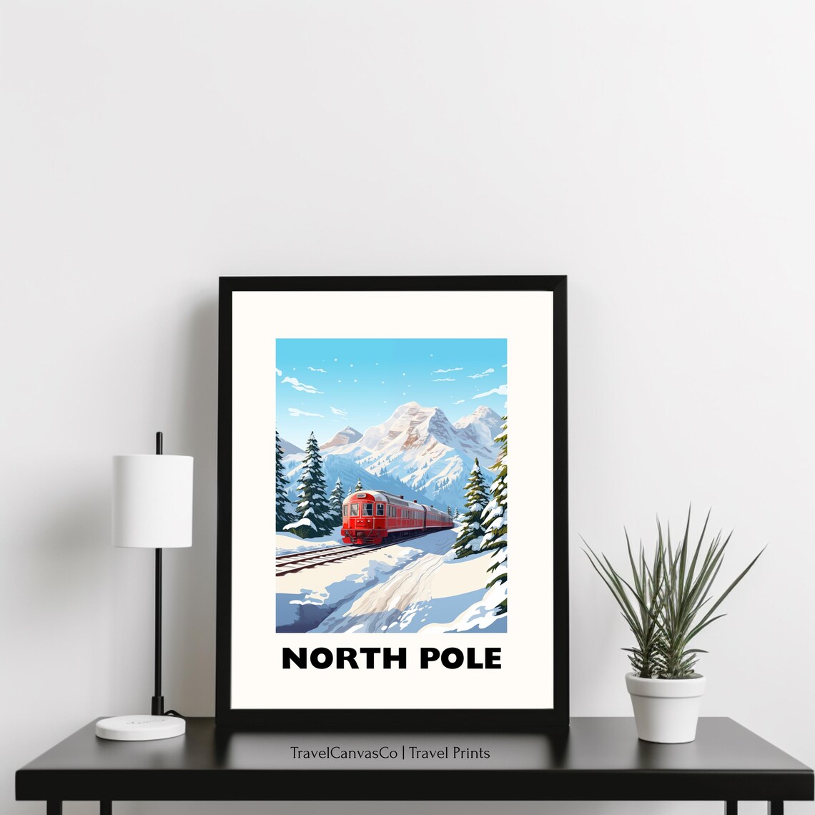 North Pole Red Train Snowy Mountain Winter Christmas Holiday Travel Poster - Image 3