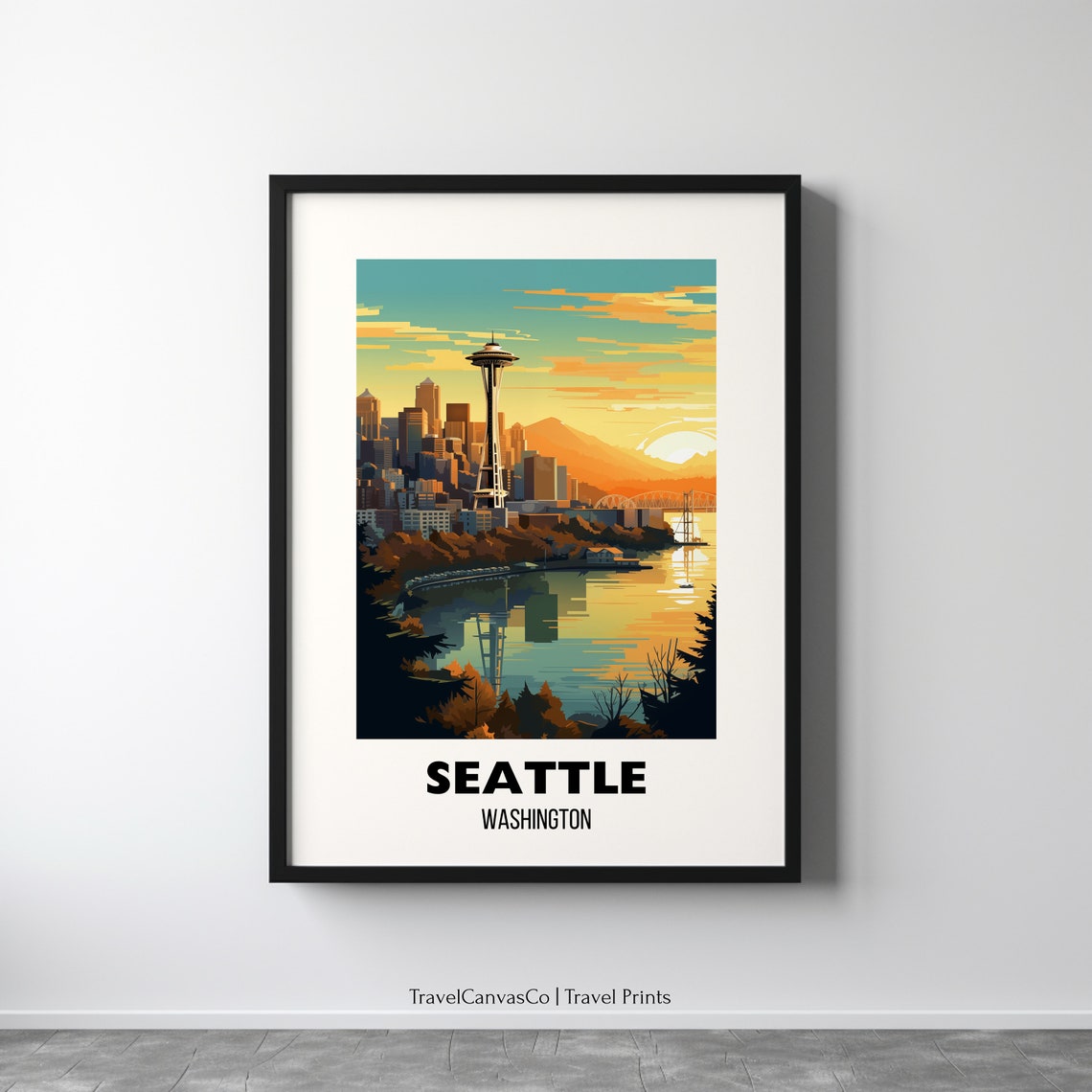 Seattle Washington Sunset Skyline Space Needle Travel Poster