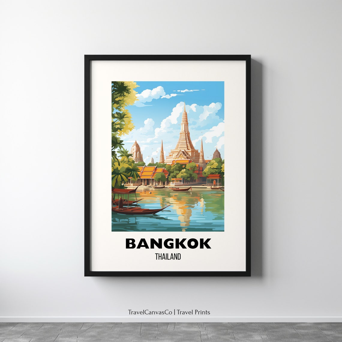 Bangkok Thailand Wat Arun Riverside Longtail Boats Travel Poster