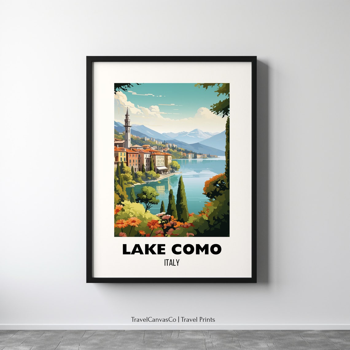 Lake Como Italy Lakeside Village Bell Tower Gardens Travel Poster