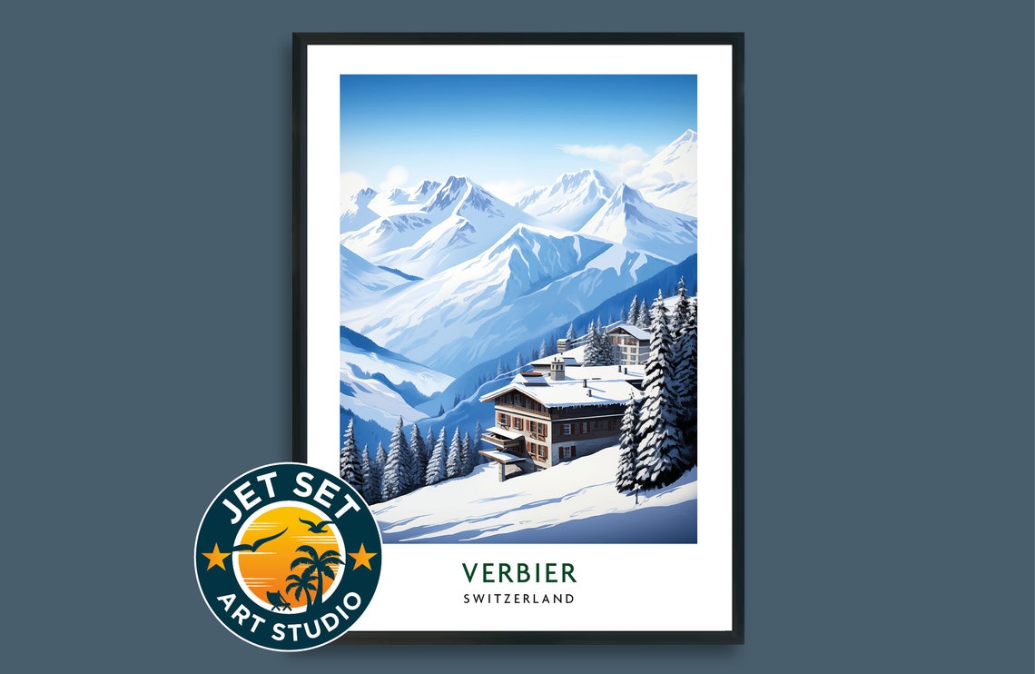 Verbier Switzerland Ski Travel Poster Alpine Chalet Snowy Peaks Art