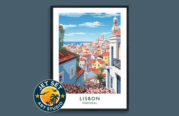 Vibrant Lisbon Portugal Old Town Red Rooftops City Travel Poster