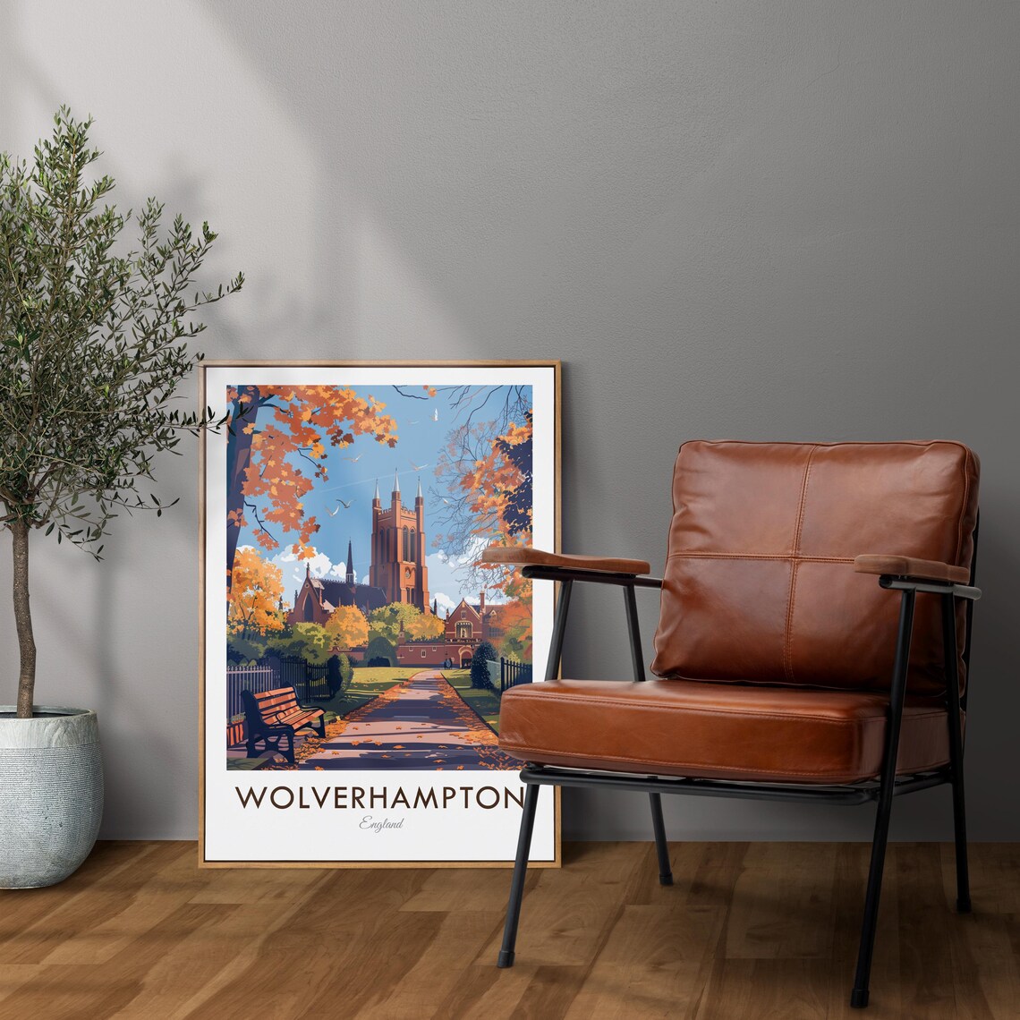 Wolverhampton England Vintage Autumn Church Lane Golden Travel Poster - Image 2