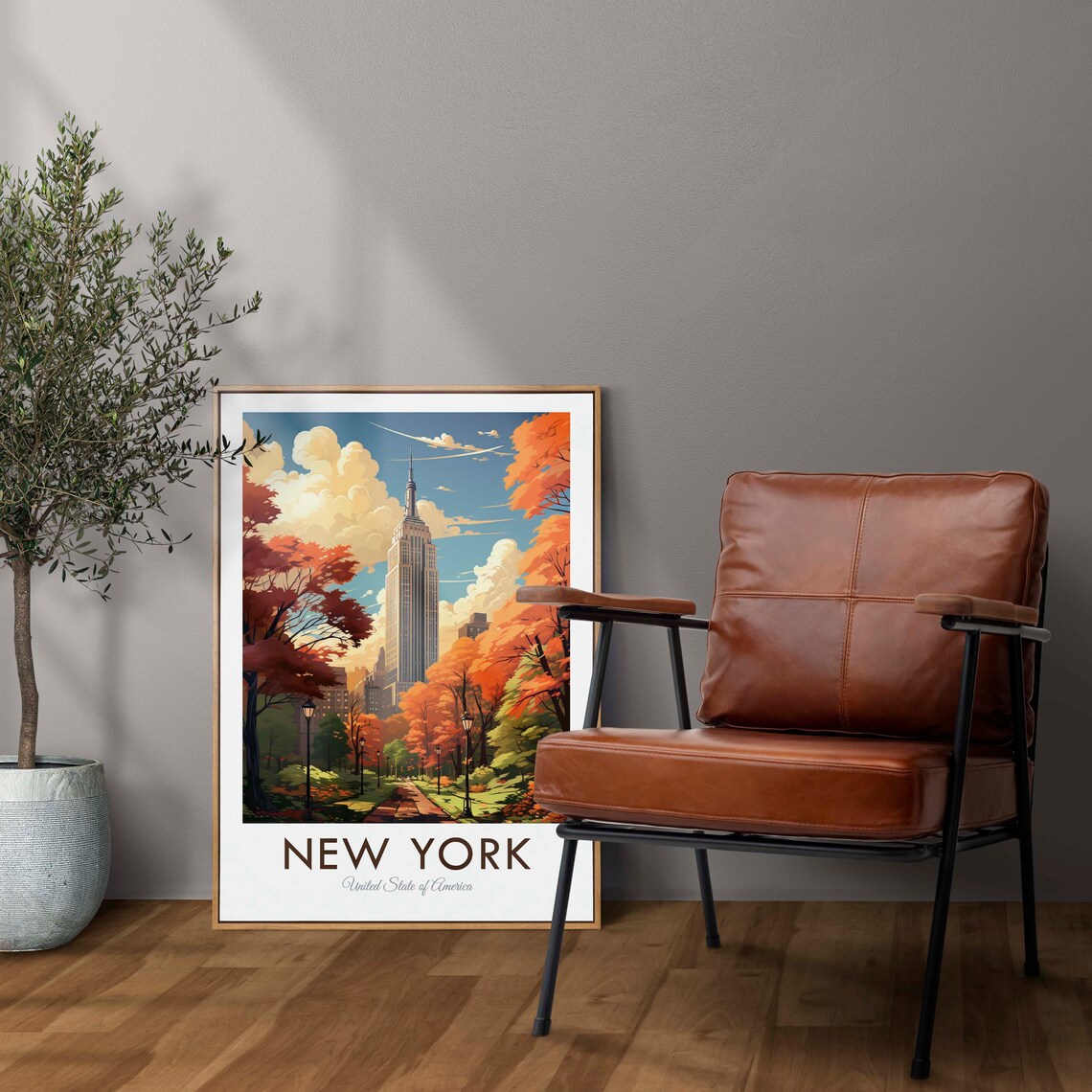 New York Empire State Building Autumn Trees Vintage Travel Poster - Image 2