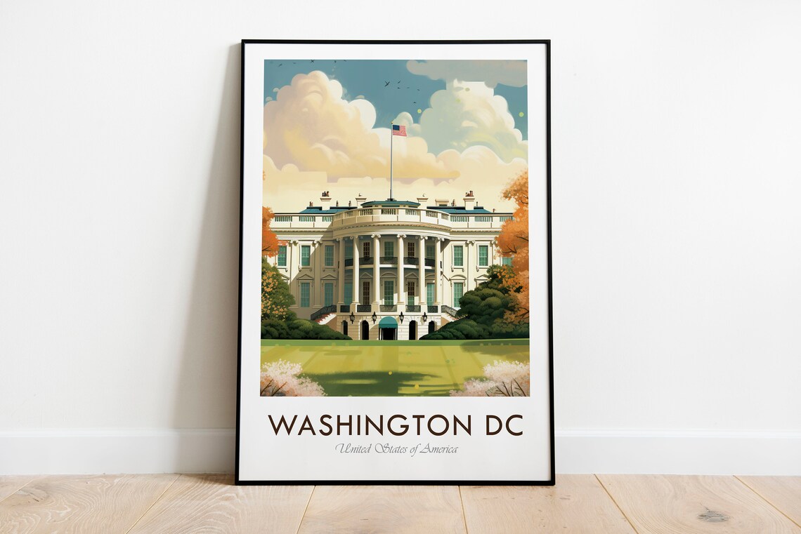 Washington DC White House Sunset Lawn Vintage Illustration Poster