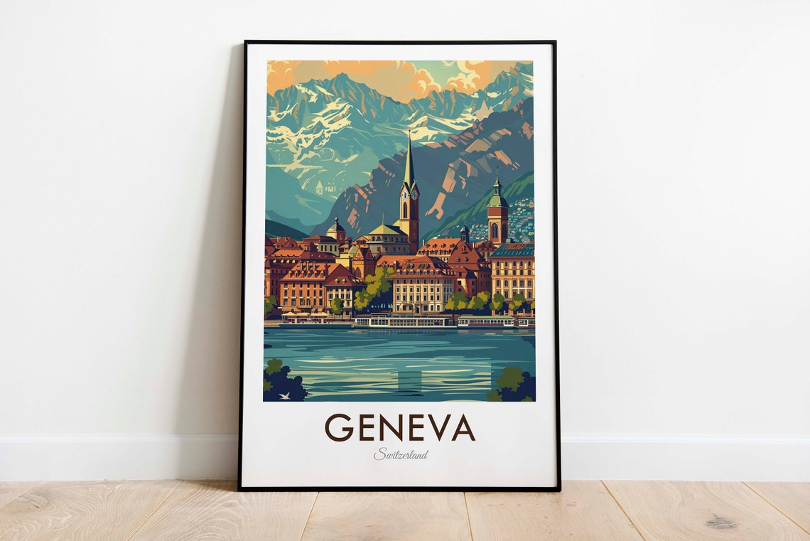 Geneva Switzerland Vintage Lakeside Old Town Mountains Art Poster